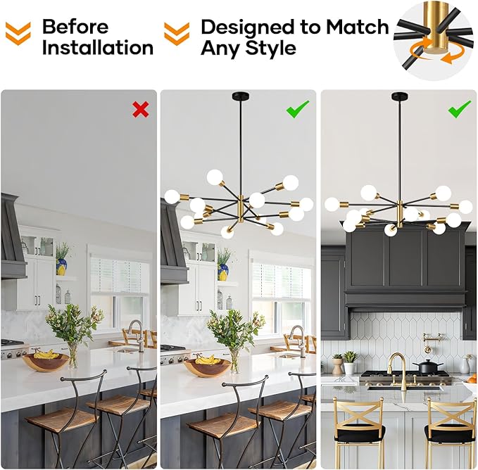 10.9"-52.3" Height Adjustable Modern Chandelier Ceiling Light Fixture, 12-Light Sputnik Chandeliers Brushed Gold and Black Mid Century Chandelier Over Table, Chandeliers for Dining Room Living Room