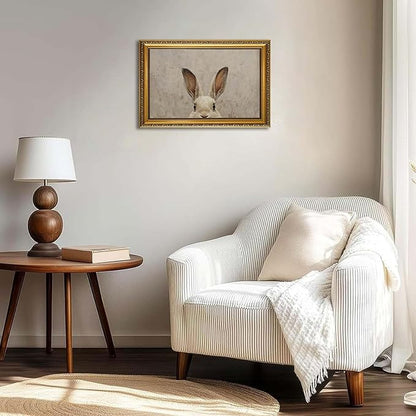 YD&YZY Gold Framed Vintage Wall Art Canvas Easter Bunny Wall Decor Rustic Easter Rabbit Décor Prints Cute Animal Painting Picture Print Artwork for Bedroom Kids Room Bathroom 16x24 inch Framed