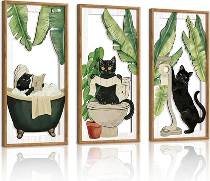 HPNIUB 3PCS Funny Bathrooms Wall Decor, Whimsical Black Cat Wood Sign, 8x16Inch Vintage Cat Toilet Wooden Hanging Sign Botanical Wall Art for Powder Room Restroom Decoration, Lovely Cat Gifts