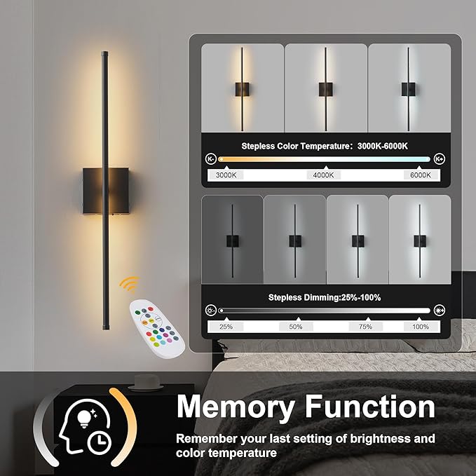 KARTOOSH 32.2 Inch 9 RGB Color Battery Operated Wireless Wall Sconces Set of Two, with Remote, Dimmable, Warm/Natural White/Daylight, Rotatable, LED Wall Light for Living Room, Bedroom, Black