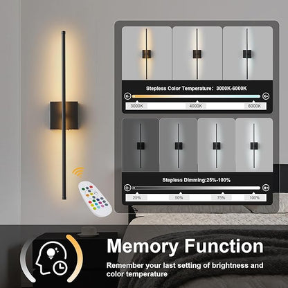 KARTOOSH 28.3 Inch 9 RGB Color Battery Operated Wireless Wall Sconces Set of Two, with Remote, Dimmable, Warm/Natural White/Daylight, Rotatable, LED Wall Light for Living Room, Bedroom, Black