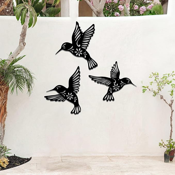 Metal Hummingbird Wall Art Decor - 3-Piece Black Iron Wall Sculpture with Engraved Leaf Patterns, Handmade Home Decor for Living Room, Bedroom, Kitchen, Bathroom, Patio