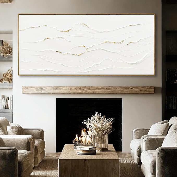 WINKAILIN White and Gold Canvas Wall Art Textured With Framed Posters Pictures Abstract Minimalist Wall Art Extra Large Contemporary Artwork for Office Living Room Entryway Home Decor 32x70 Inch