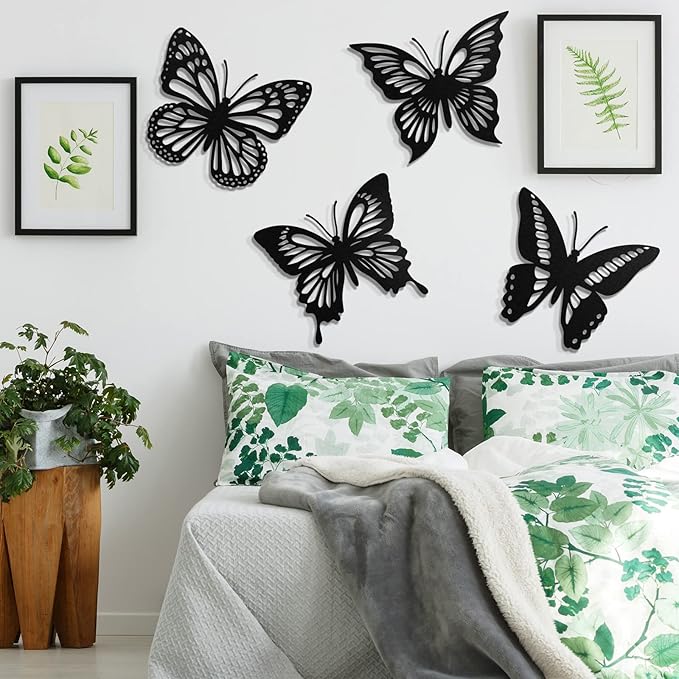 Qunclay 4 Pcs Wooden Butterfly Wall Decor Large Butterfly Wall Art Boho Home Hanging Modern Sculpture Decorations Modernist Signs for Living Room Bathroom Yard Gallery Indoor Outdoor(Black)