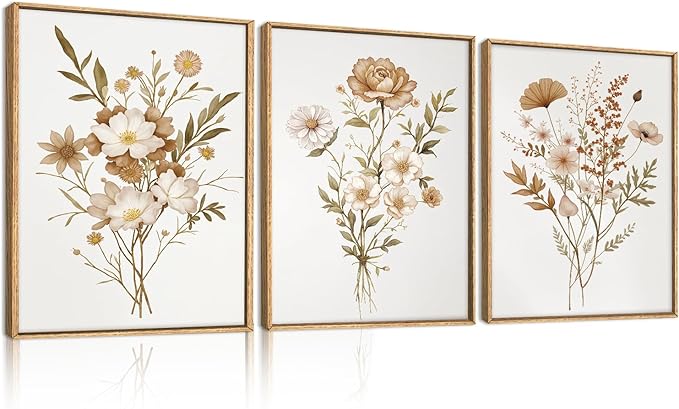 KAIRNE Neutral Boho Floral Framed Canvas Wall Art Set, Vintage Botanical Flower Wall Decor, Minimalist Wildflower Art Prints, Modern Beige Artwork for Living Room, Bedroom, Farmhouse, Office-12"x16"x3