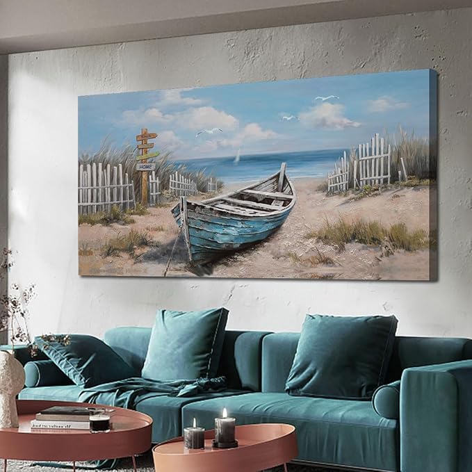 Ardemy Boat Canvas Wall Art Nautical Art Wall Decor for Living Room, Blue Teal Bedroom Picture Textured Beach Painting Framed Artwork Dining Room Home Office Kitchen, Large 40"x20"