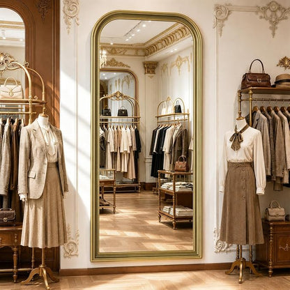 Full Length Mirror with Stand, 71"x32" Full Body Mirror, Floor Length Mirrors Wall Mounted with Rounded Top, Large Standing Mirrors, PU Frame, for Bedroom Living Room Cloakroom, Antique Gold