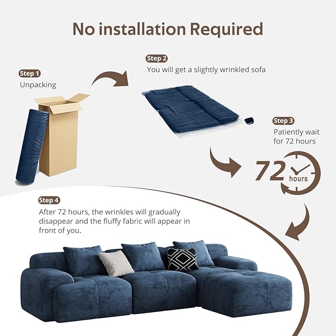 Modern L-Shaped Modular Sectional Sofa for Living Room，Oversized 3-Seater Couch with Deep Seat and Movable Ottoman – No Assembly,Comfortable Suede Fabric Boneless Sofa (Blue)