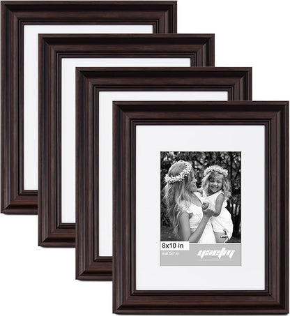 Yaetm 8x10 Picture Frame Matted to 5x7 Set of 4, 1.4” Wide Molding & Dark Brown Photo Frames 8 x 10 with HD Tempered Glass, Display on Tabletop & Wall Mounting (4 pack, Brown)