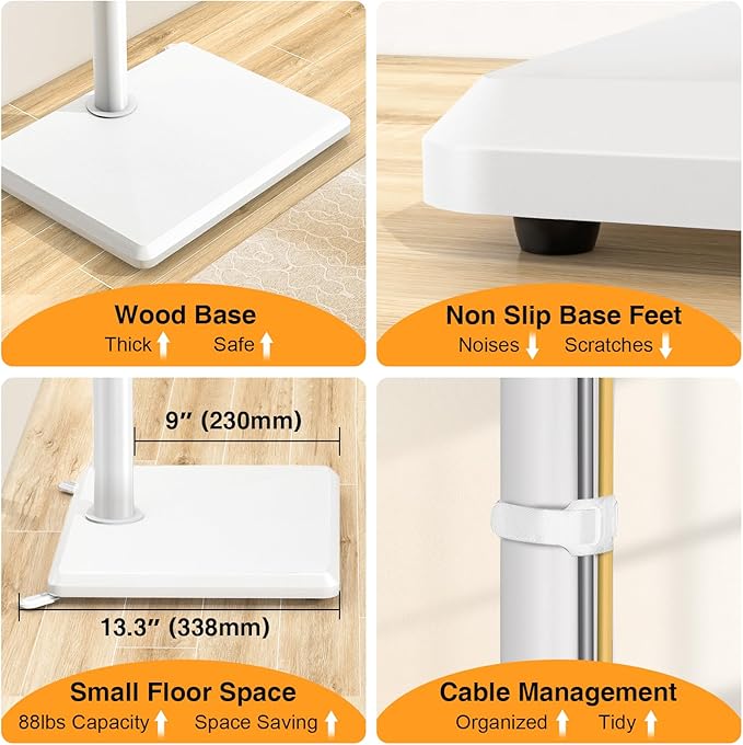 TVON Floor TV Stand with Mount for Most 32-65 Inch TVs up to 88lbs, Height Adjustable TV Floor Stand with Wood Base for Space Saving, Tall Floor TV Stand for Bedroom, Corner & Living Room, White