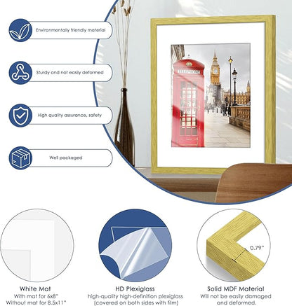PEALSN 11x14 Picture Frame Set of 6, Display Pictures 8x10 with Mat or 11x14 without Mat for Wall Mounting or Table Top Display, Photo Frames Collage for Wall Decor, Gold.