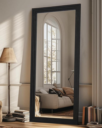 Full Length Mirror, 71"x32" Wooden Mirror Full Length with Stand Wood Floor Mirror, Oversized Stand Up Mirrors Large Wall Mirrors, Wall Mounted Mirrors, Rect Wood Style, Black