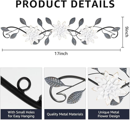 KHJCXS Metal Wall Art Modern Minimalist Metal Flowers Indoor Decor Horizontal Wall Art Iron Artwork,for Over Door,Bedroom,Living Room,Kitchen,Office Scroll Decor (White2)