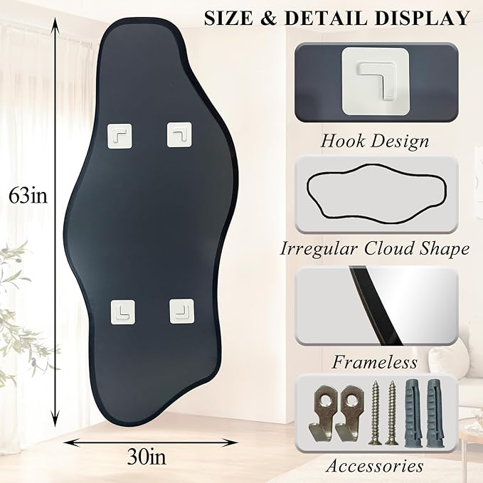 Large Irregular Mirror, 63"x30" Asymmetrical ﻿Tempered Glass Mirrors Full Length, Organic Frameless Wall Mirrors for Living Room Bedroom Entryway Hallway, Hangs Vertically or Horizontally