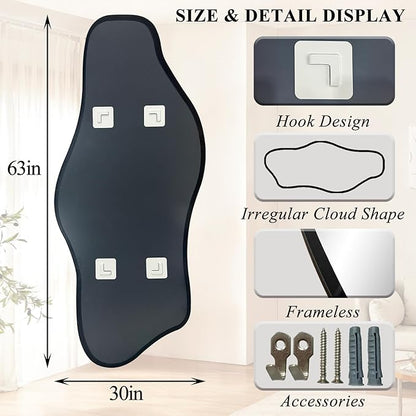 Large Irregular Mirror, 63"x30" Asymmetrical ﻿Tempered Glass Mirrors Full Length, Organic Frameless Wall Mirrors for Living Room Bedroom Entryway Hallway, Hangs Vertically or Horizontally