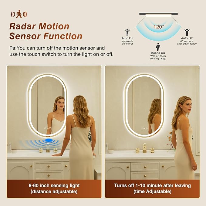 22x36 Inch Oval Gold Framed LED Bathroom Mirror with Lights,Smart Bathroom Mirror,Motion Sensor,Tempered Glass,Anti-Fog,Stepless Dimmable & 3 Colors,Memory,Vanity Mirror for Wall