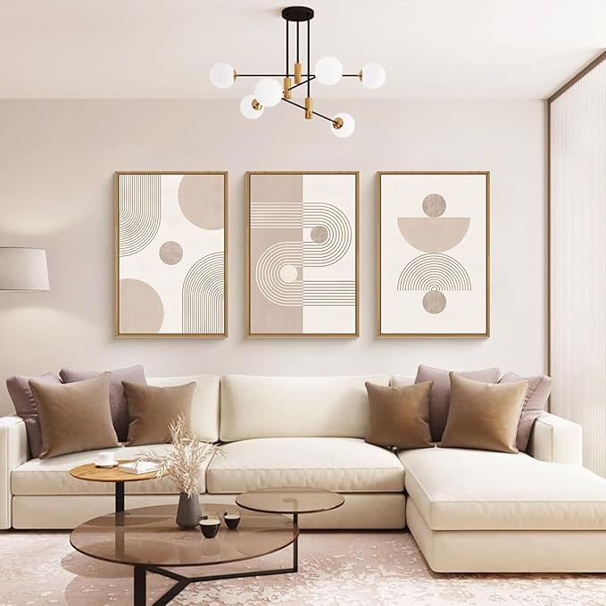 HPINUB Boho Abstract Framed Canvas Wall Art Set, Beige Mid Century Wall Decor, Neutral Geometric Minimalist Line Artwork for Living Room, Bedroom, Dining Room, Office, Bathroom - 24"x36"x3