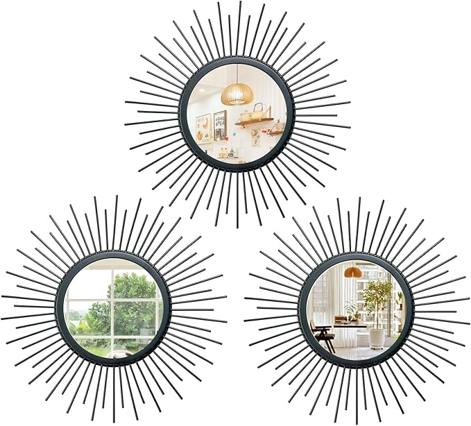 3 Set Sunburst Mirrors for Wall Decor Living Room Bedroom Bathroom Dining Room Metal Boho Sunburst Wall Mirror Set Gold Metal Vintage Circle Art Pack - Black 11.8 in