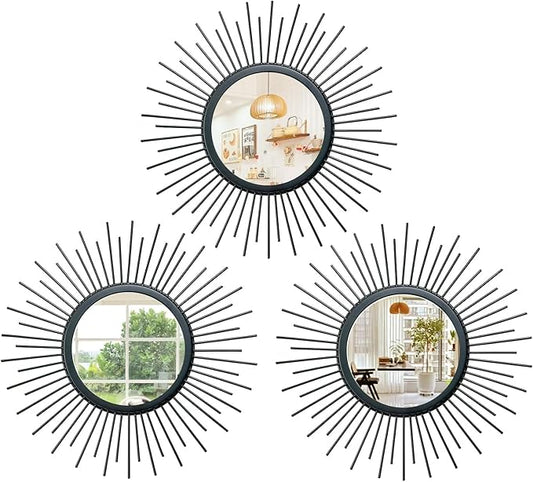 3 Set Sunburst Mirrors for Wall Decor Living Room Bedroom Bathroom Dining Room Metal Boho Sunburst Wall Mirror Set Gold Metal Vintage Circle Art Pack - Black 11.8 in