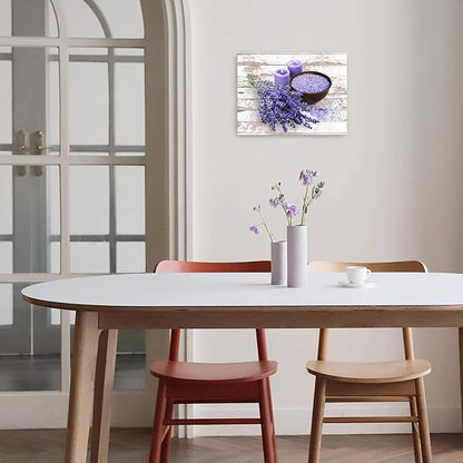 Bathroom Canvas Wall Art Purple Lavender Theme Modern Flowers Painting Pictures for Bedroom Wall Decor Vintage Framed Artwork for Office Kitchen Rustic Wall Decor for Wall Size 12x16, Purple and Gray