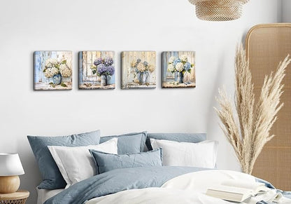 Blue Hydrangea Wall Art Vintage Farmhouse Flowers Pictures Bathroom Wall Decor Blossom Floral Painting Abstract Nature Botanical Posters Artwork for Living Room Kitchen Home Decoration 12x12” 4Pcs