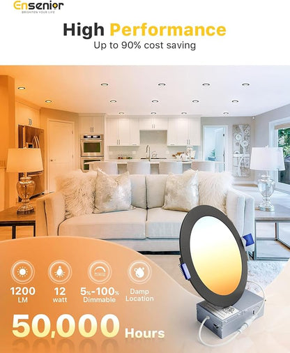 Ensenior 4 Pack 6 Inch LED Recessed Light, Dimmable, 2700K-5000K 5CCT, 1200LM High Brightness, 12W 120V, Damp Rated, Ultra-Thin Canless Wafer Light, Black - ETL & FCC & IC