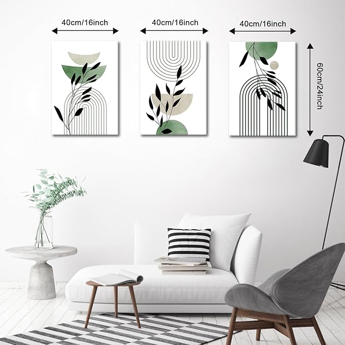 WENGTIAO 3Pcs Boho Sage Green Canvas Wall Art MInimalist Geometric Line Leaf Pictures Prints Paintings Abstract Mid Century Botanical Green Plant Artwork for Living Room Bedroom Bathroom 16x24x3