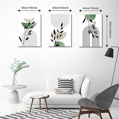 WENGTIAO 3Pcs Boho Sage Green Canvas Wall Art MInimalist Geometric Line Leaf Pictures Prints Paintings Abstract Mid Century Botanical Green Plant Artwork for Living Room Bedroom Bathroom 16x24x3