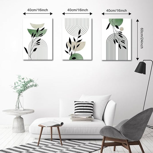 WENGTIAO 3Pcs Boho Sage Green Canvas Wall Art MInimalist Geometric Line Leaf Pictures Prints Paintings Abstract Mid Century Botanical Green Plant Artwork for Living Room Bedroom Bathroom 16x24x3