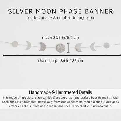 BASE ROOTS Moon Phase Wall Decor, Celestial Décor, Moon Décor & Boho Wall Décor, Silver Wall Art for Bedroom & Living Room, Bohemian Wall Decor, Handmade Hammered Metal 36" 7 Phases Moon Wall Decor, Gift for Women & Kids