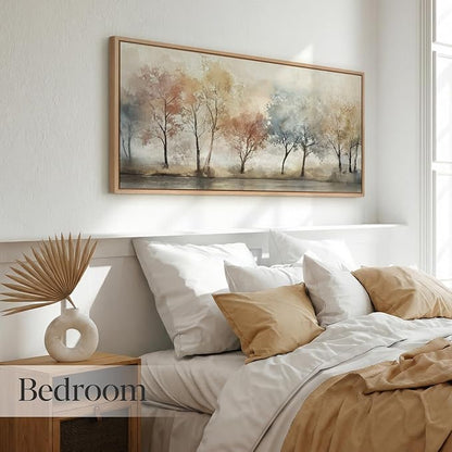 Bzstyleart Large Wood Framed Wall Art Watercolor Trees Print Abstract Landscape Painting Canvas Plant Pictures for Aesthetic Room Decor Countryside Wall Decor for Living Room 20x40in