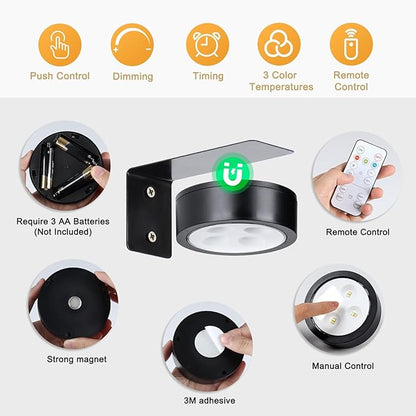 KELUOLY 4-Pack Picture Light Battery Operated with Remote, Led Lights Dimmable and Timer Painting Light, Art Display Light for Picture Frame Artworking Portrait, Home Wall Decor Puck Lights, Black