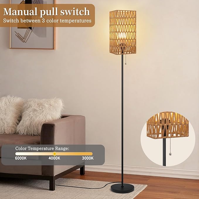 Ruiever Floor Lamp for Living Room,Farmhouse Floor lamp,Modern Standing lamp with Hand-Worked Rattan Shade (Square Shade-3 Color Blub)