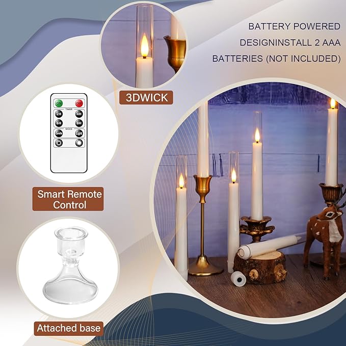 Sasigeiaa Flameless Taper Candles with Remote and Timer - 6 Pack LED Candles, Battery Operated, for Home, Wedding, Party (White)