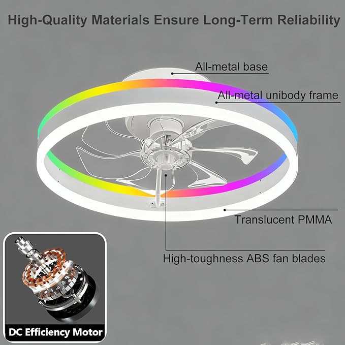 RGBCW 20" Flush Mount Low Profile Smart Ceiling Fan with Light, App & Remote Control, 6 Speeds Reversible, 3CCT Dimmable LED Bladeless Fandelier Quiet DC Motor for Bedroom Living Room