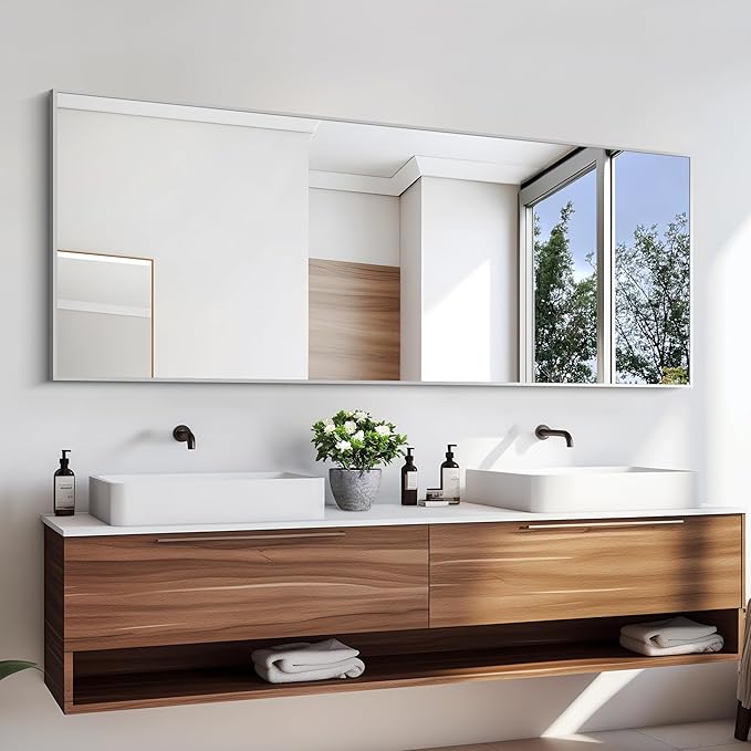 KOCUUY Large Silver Mirror, 60"x24" Rectangle Bathroom Mirror for Wall, HD Tempered Glass, Anti-Rust Frame, Modern Design for Bathroom, Bedroom, Living Room, Entryway