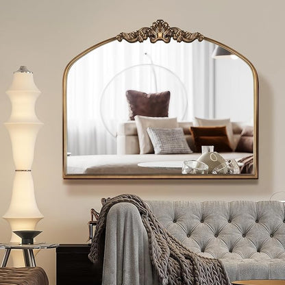 OUSHUAI Gold Antique Arched Mirror, Victorian Bronze with Full Matel Frame, Wall Arch Mirror for Entryway/Bathroom/Fireplace 36"X30"