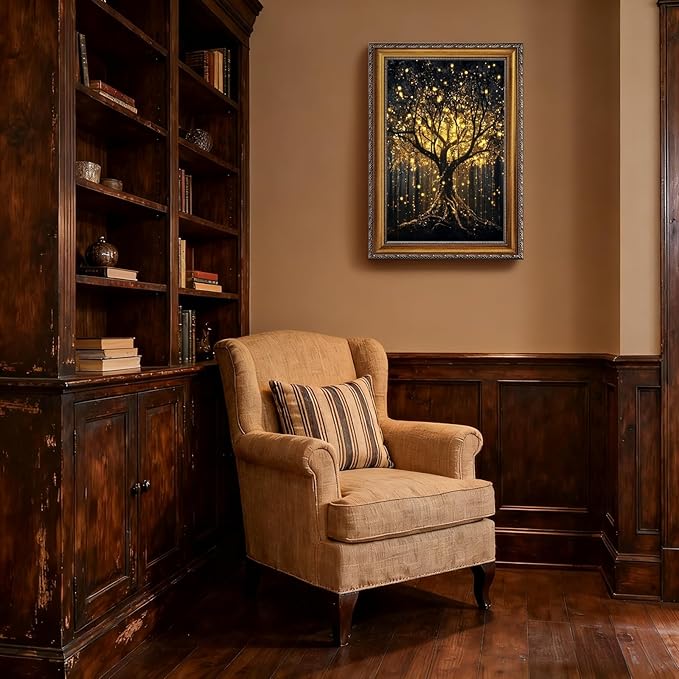 Balsuka Golden Tree of Life Wall Art Dark Academia Decor Poster Mystical Nature Forest Landscape Canvas Print Moody Botanical Enchanted Tree Painting for Living Room Bedroom 24x36inch Vintage Framed