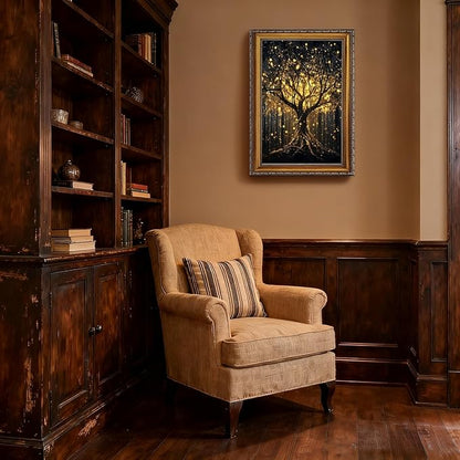 Balsuka Golden Tree of Life Wall Art Dark Academia Decor Poster Mystical Nature Forest Landscape Canvas Print Moody Botanical Enchanted Tree Painting for Living Room Bedroom 24x36inch Vintage Framed