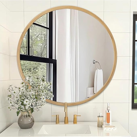 AOAOPQ Wall Mount Mirror for Bathroom Brushed Metal Framed Round Ative Hanging Small NaturalWoodgrain Mirror for Home Living Room Bedroom