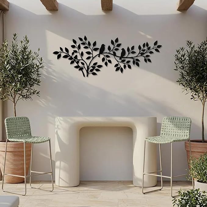 QZGXDECO 34Inch Metal Tree Leaf Birds on Branch Wall Decor Art,Black Vine Olive Branch Leaves with Bird Hanging Wall Sculpture for Home Balcony Living Room Bedroom Hallway Wall Decoration