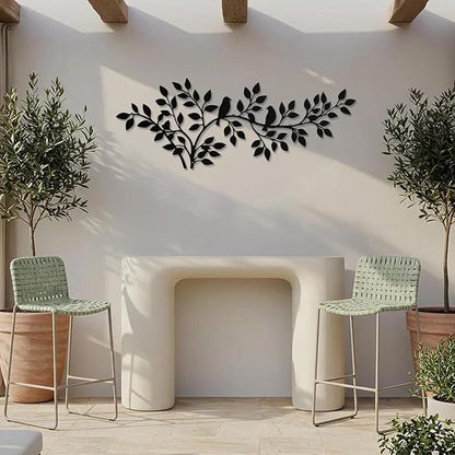 QZGXDECO 34Inch Metal Tree Leaf Birds on Branch Wall Decor Art,Black Vine Olive Branch Leaves with Bird Hanging Wall Sculpture for Home Balcony Living Room Bedroom Hallway Wall Decoration