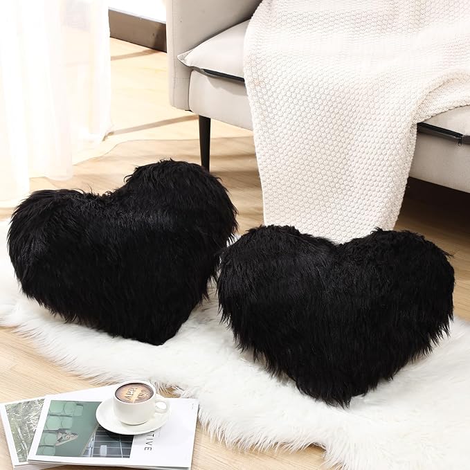 Enhon 2 Pcs Fluffy Heart Pillows Faux Fur Heart Shaped Plush Pillow Soft 20 x 15.7 Inch Love Throw Pillows with Insert for Decorative Office Home Bedroom Living Room Sofa(Black)