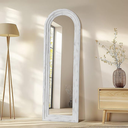 MELOMOIR Arched Full Length Mirror with Solid Wood Frame, 64"x21" Rustic Farmhouse Floor Mirror with Stand, Free Standing Leaning Hanging, for Bedroom Living Room Dressing Room, Weathering White