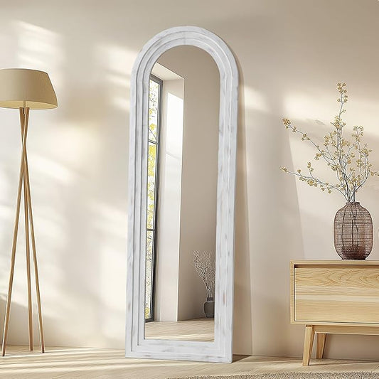 MELOMOIR Arched Full Length Mirror with Solid Wood Frame, 64"x21" Rustic Farmhouse Floor Mirror with Stand, Free Standing Leaning Hanging, for Bedroom Living Room Dressing Room, Weathering White