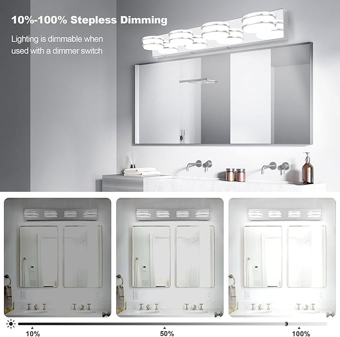 GOODATE 3 Color Temperature Dimmable Vanity Lights for Bathroom, LED Chrome 4 Light Vanity Lighting Fixtures, Acrylic Stainless Steel Oval Shade Bathroom Light Fixtures Over Mirror, ETL Certificated