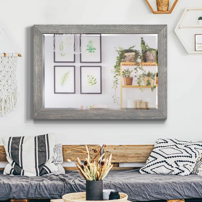 Renditions Gallery Horizontal Gray Wood Frame Vanity Body Mirror Rustic Farmhouse Rectangular Decorative Wall Mounted Aesthetic Mirror for Bedroom Living Room Bathroom - 41"x29" LT07