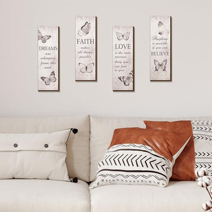 Qunclay 4 Pcs Butterfly Wall Decor Wooden Bathroom Sign Believe Faith Dream Love Inspirational Quote Wooden Rustic Art Accessories Butterfly Wood Decor 11 x 4 Inch for Home Wall Bathroom Bedroom
