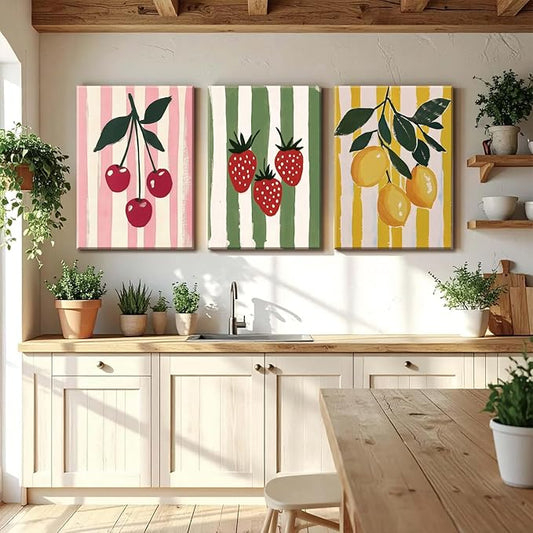 LHHJDIO 3 Piece Trendy Fruit Canvas Wall Art Vintage Kitchen Wall Art Colorful Cherry Strawberry Lemon Pictures Wall Decor Fruit Abstract Art Print for Kitchen Dining Room Bedroom 16"x24"