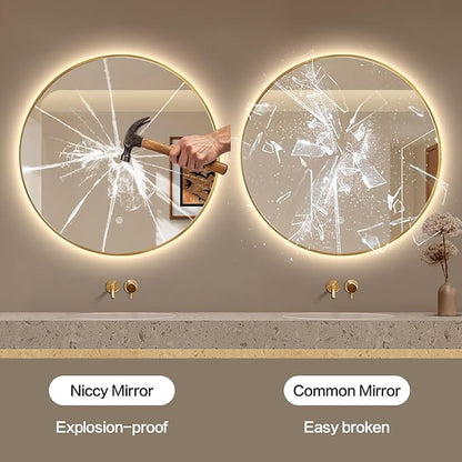 Niccy 36" LED Backlit Round Mirror for Bathroom, Gold Framed Vanity Light Wall Mirror, LED Smart Circle Mirrors with 3 Lighting Colors, Round Lighted Mirror with Anti-Fog, IP65 Waterproof